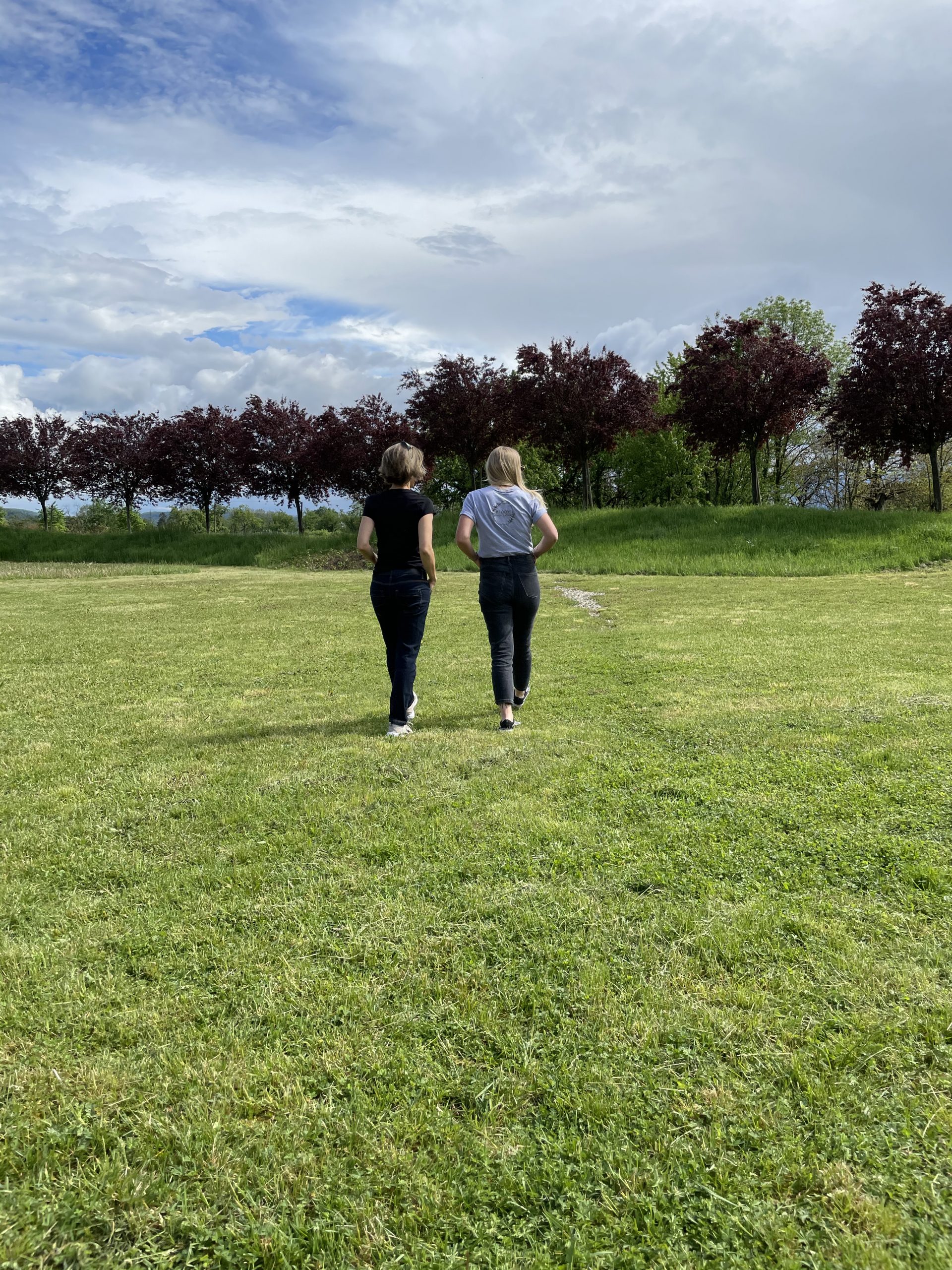 Zwei Personen gehen auf einer Wiese, umgeben von Bäumen unter bewölktem Himmel.
